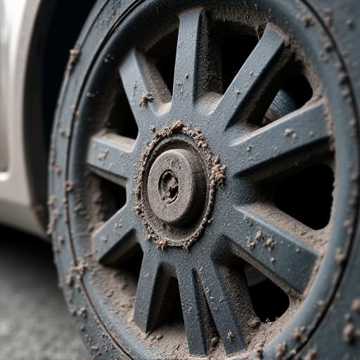 Before of a wheel covered in brake dust and grime.